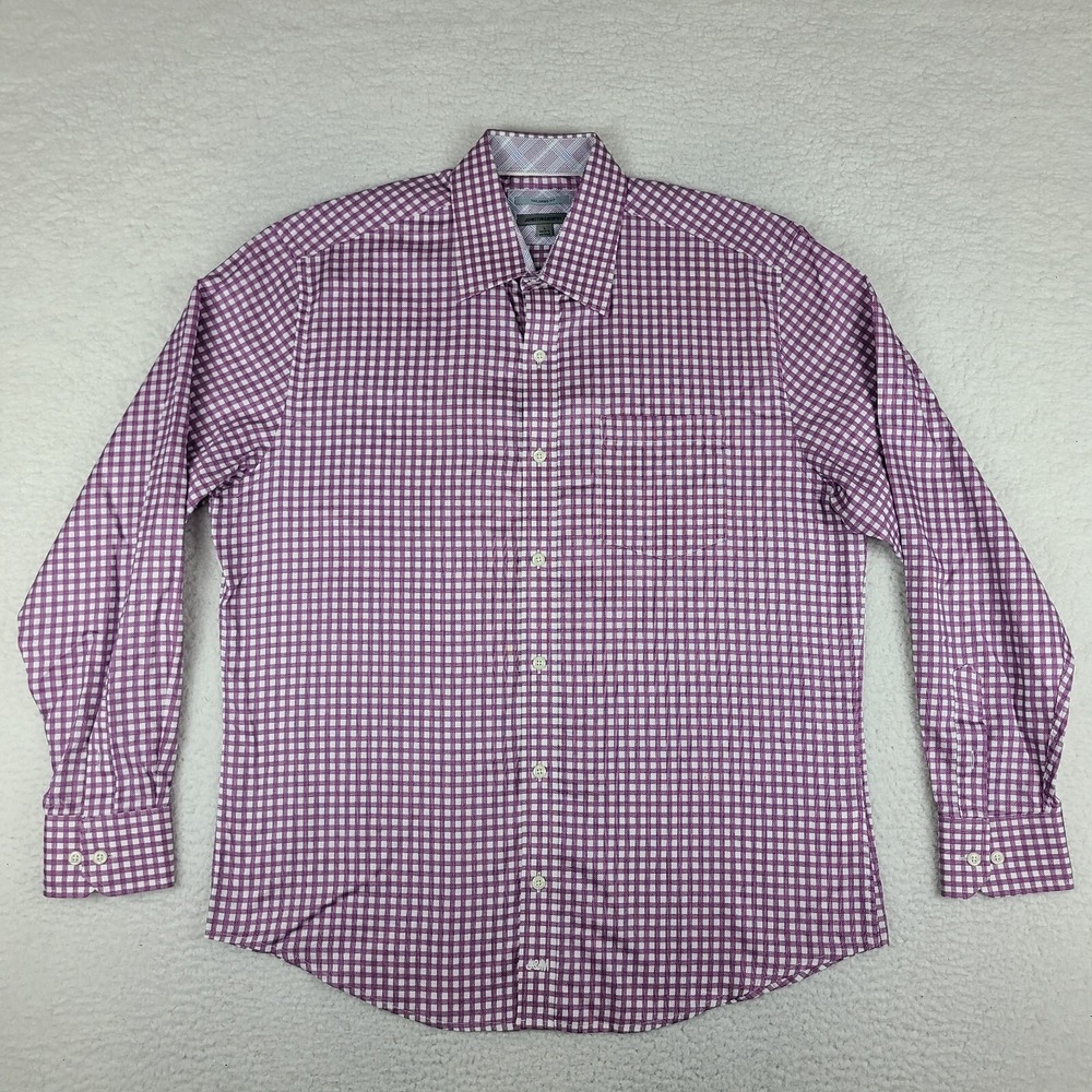 Johnston Murphy Shirt Mens Large Purple White Check Tailored Fit Button Up *